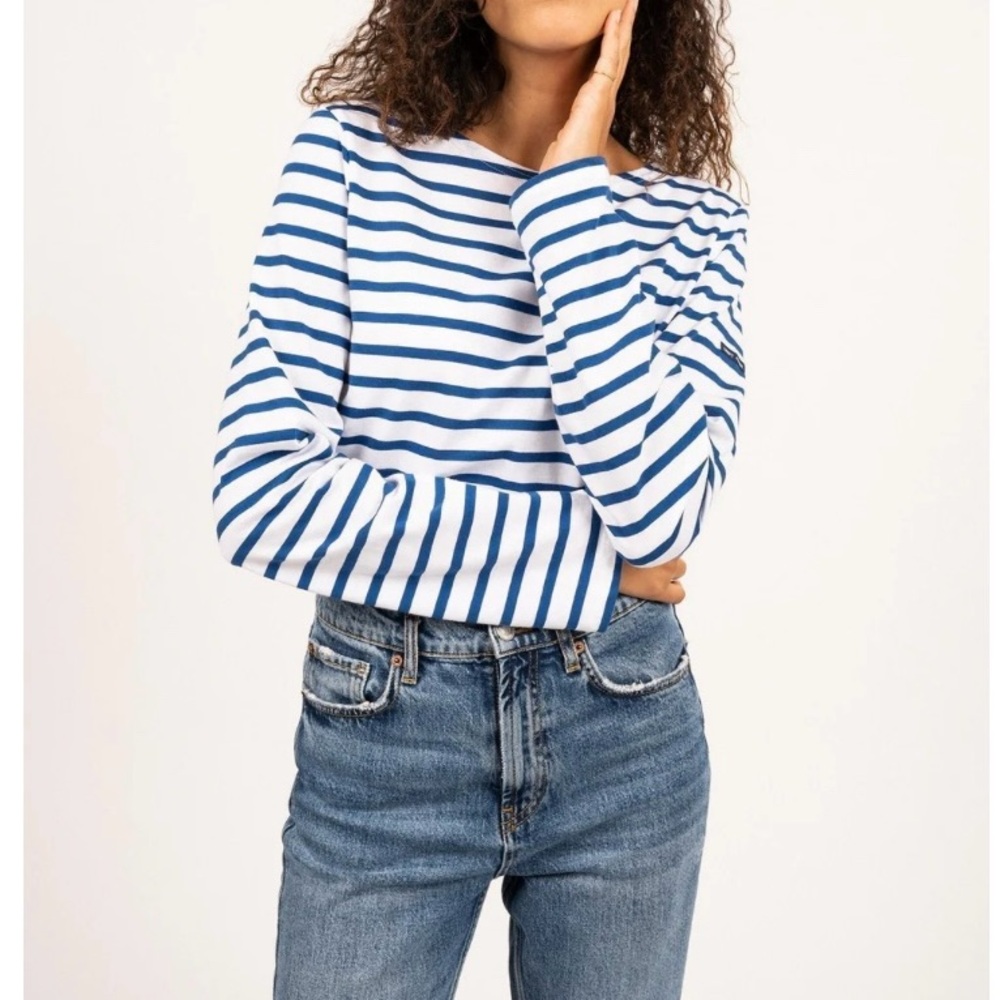 Saint James authentic Bretagne White and Royal Blue Striped Unisex Top